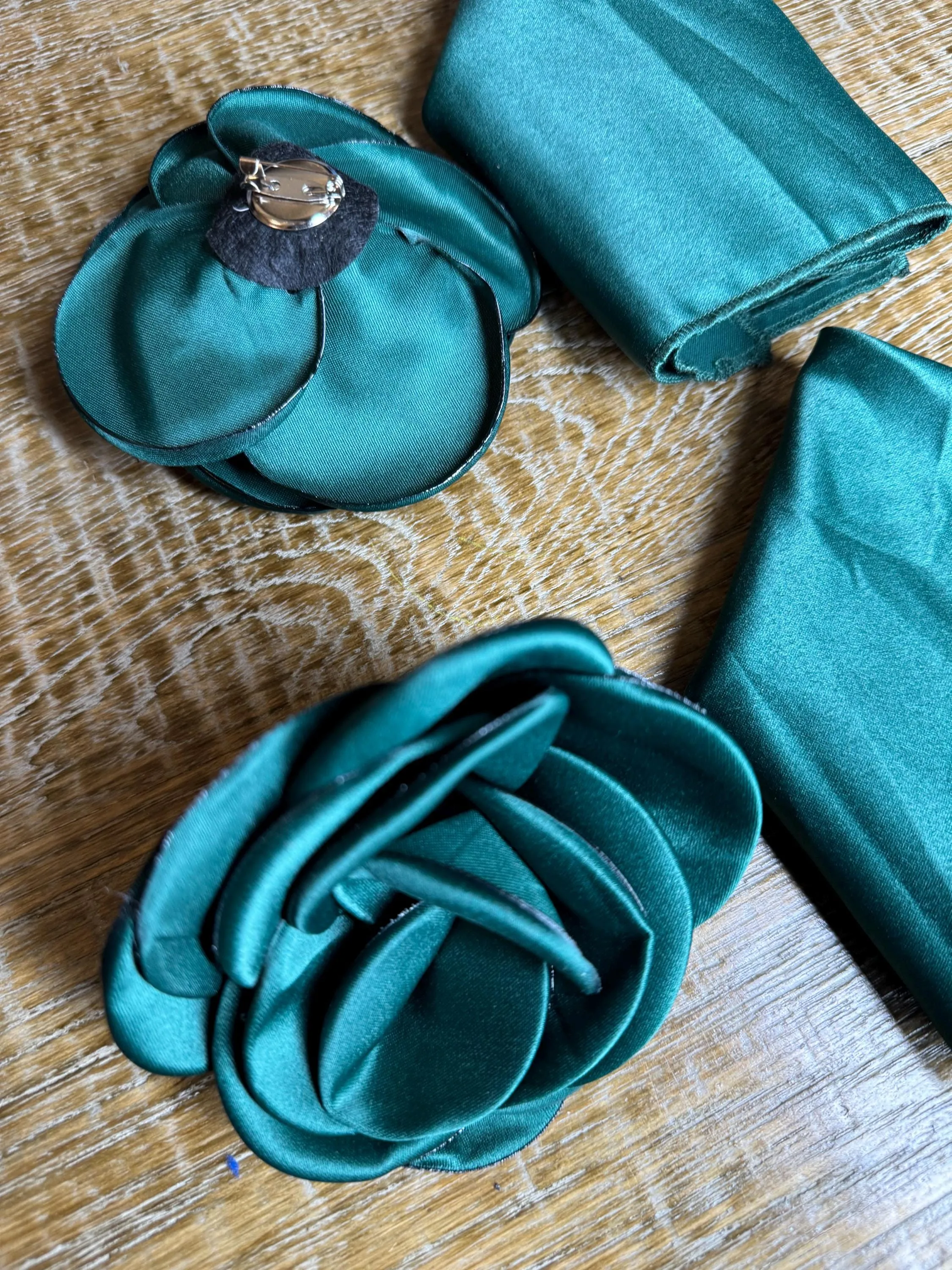 3D Corsage Flower, Pocket Sqaure, His, Hers, 2 piece set, Corsage, Bridal, Clothing, Dress, Hat, FAN Design, FAN Collection, Bottle Green