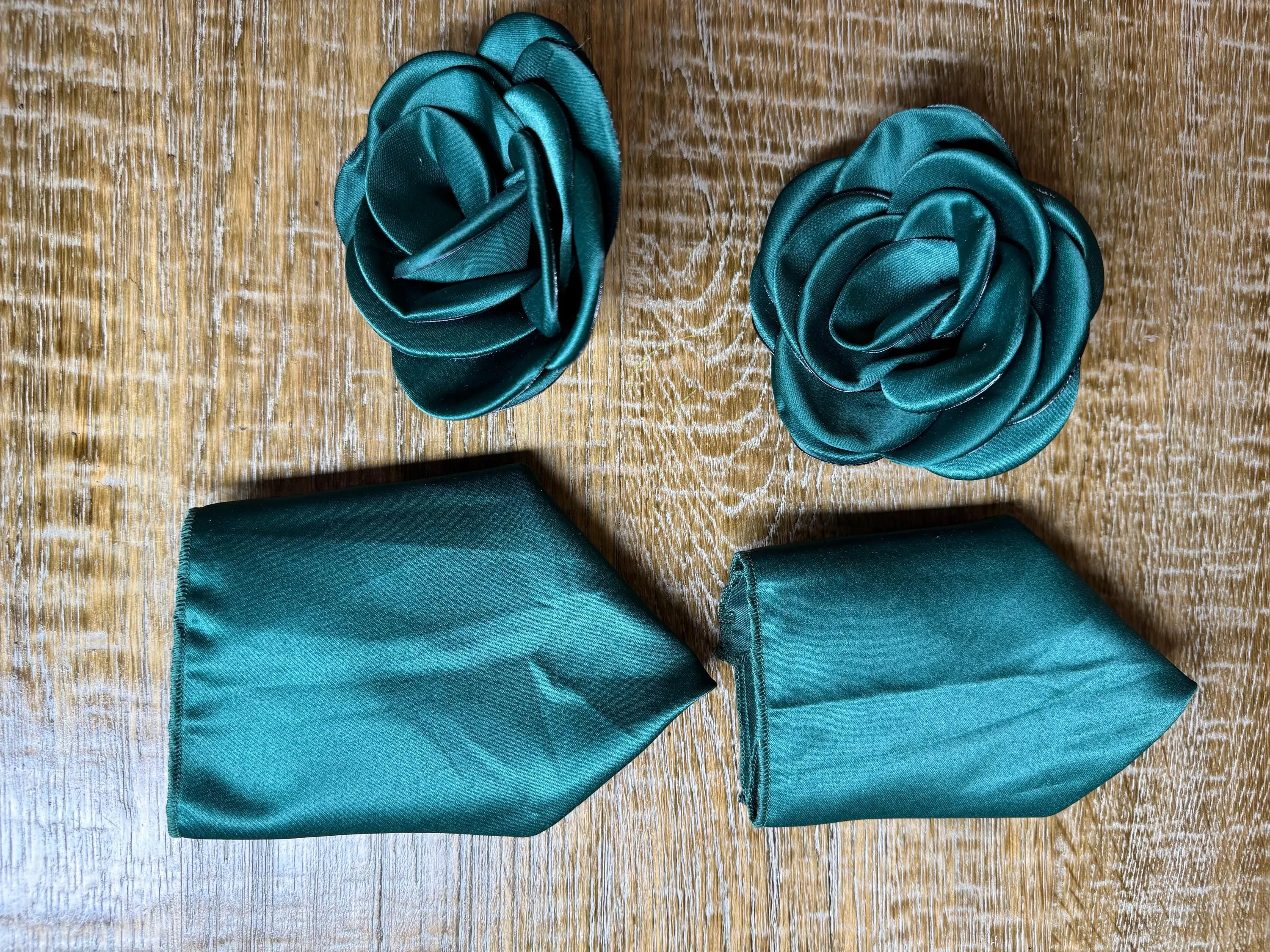 3D Corsage Flower, Pocket Sqaure, His, Hers, 2 piece set, Corsage, Bridal, Clothing, Dress, Hat, FAN Design, FAN Collection, Bottle Green