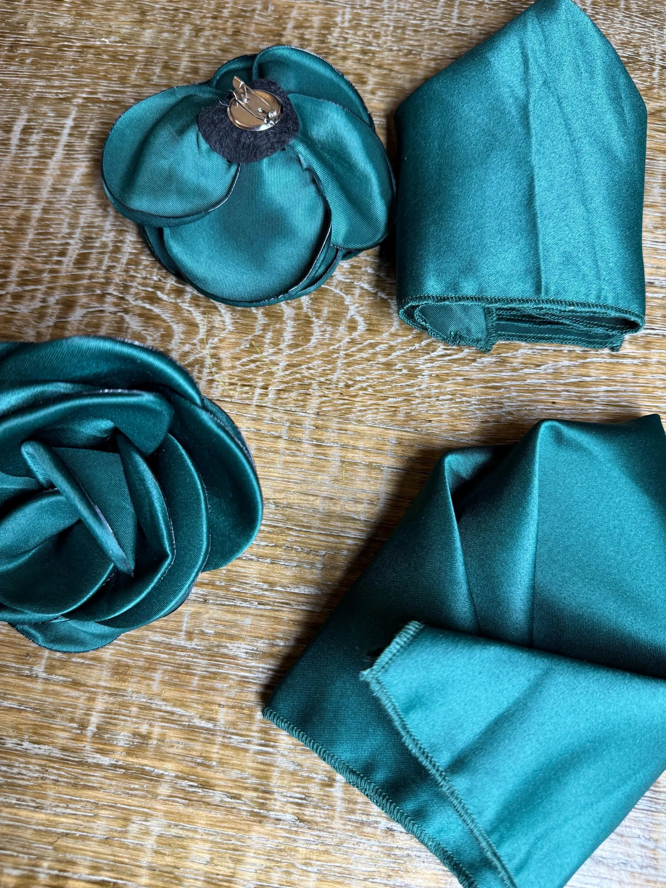 3D Corsage Flower, Pocket Sqaure, His, Hers, 2 piece set, Corsage, Bridal, Clothing, Dress, Hat, FAN Design, FAN Collection, Bottle Green