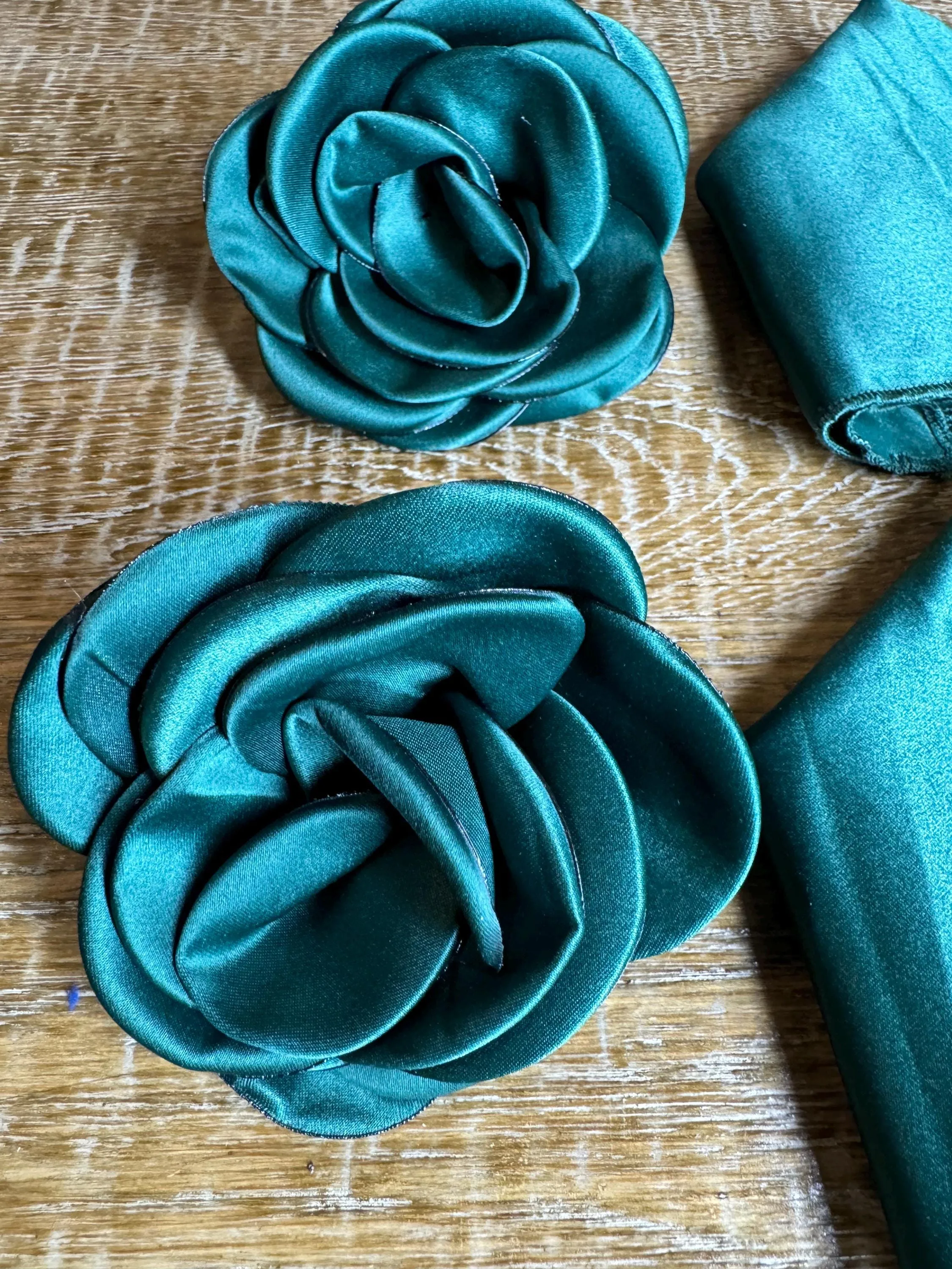 3D Corsage Flower, Pocket Sqaure, His, Hers, 2 piece set, Corsage, Bridal, Clothing, Dress, Hat, FAN Design, FAN Collection, Bottle Green