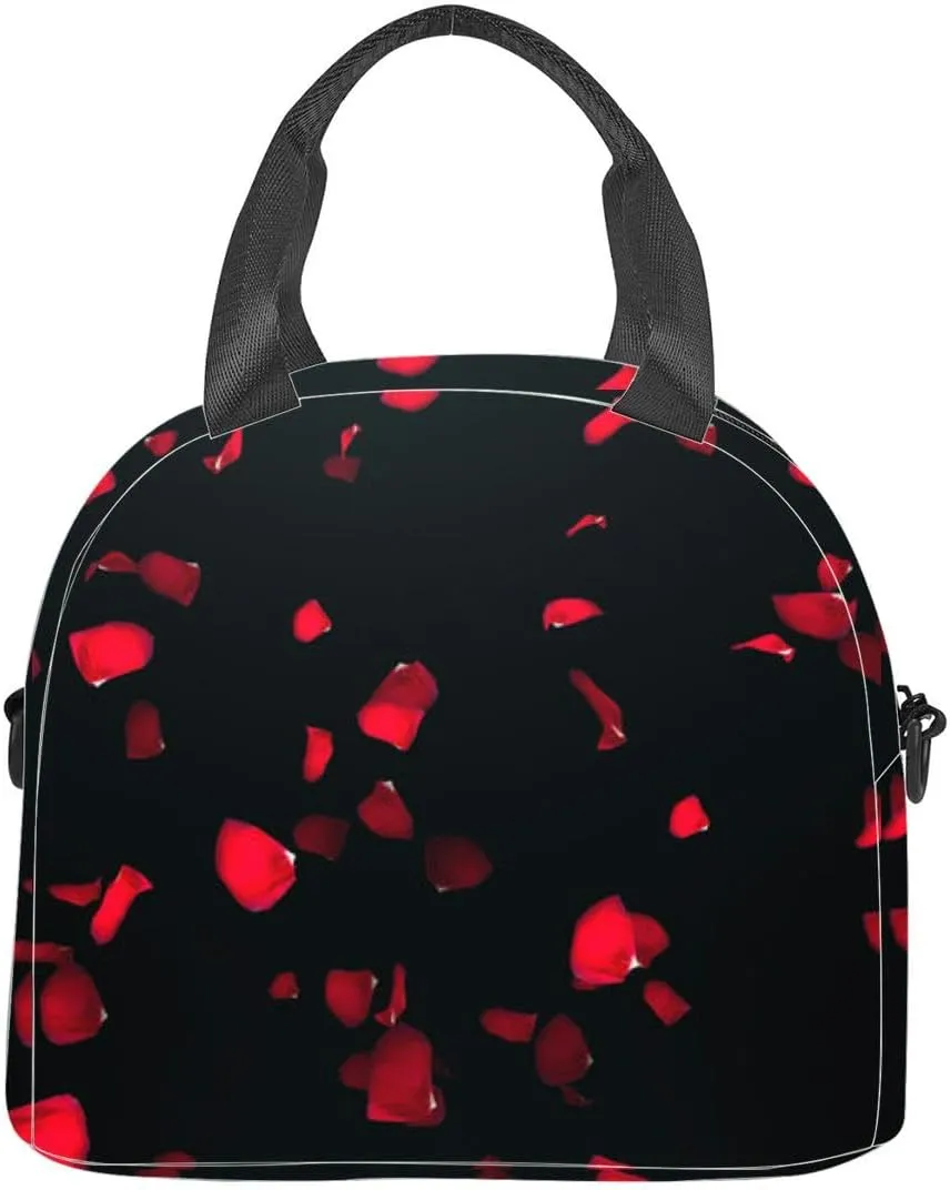 3D render Flying petals roses an black Insulated Adult Lunch Bag with Shoulder Strap for Women Lightweight Reusable Portable Freezable Lunch Tote Bag for Work Picnic