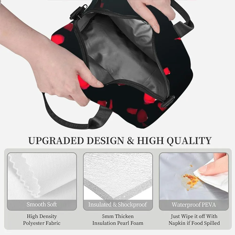 3D render Flying petals roses an black Insulated Adult Lunch Bag with Shoulder Strap for Women Lightweight Reusable Portable Freezable Lunch Tote Bag for Work Picnic