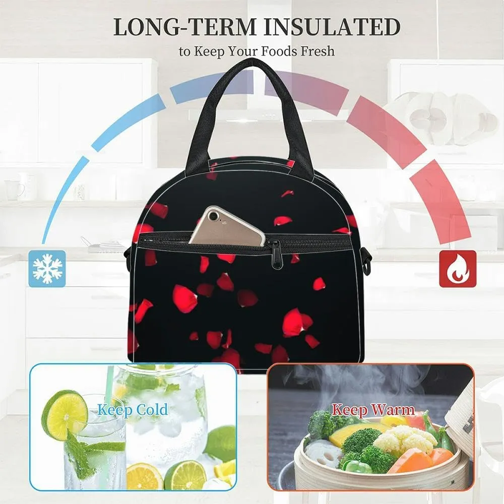 3D render Flying petals roses an black Insulated Adult Lunch Bag with Shoulder Strap for Women Lightweight Reusable Portable Freezable Lunch Tote Bag for Work Picnic