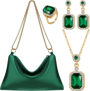 4 Pcs Evening Handbag Shoulder Purse Rhinestone Purse Clutch Bag Cubic Pendant Necklace Earring Ring for Women(Emerald)