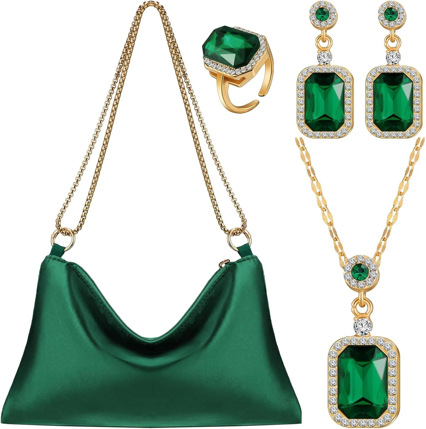 4 Pcs Evening Handbag Shoulder Purse Rhinestone Purse Clutch Bag Cubic Pendant Necklace Earring Ring for Women(Emerald)