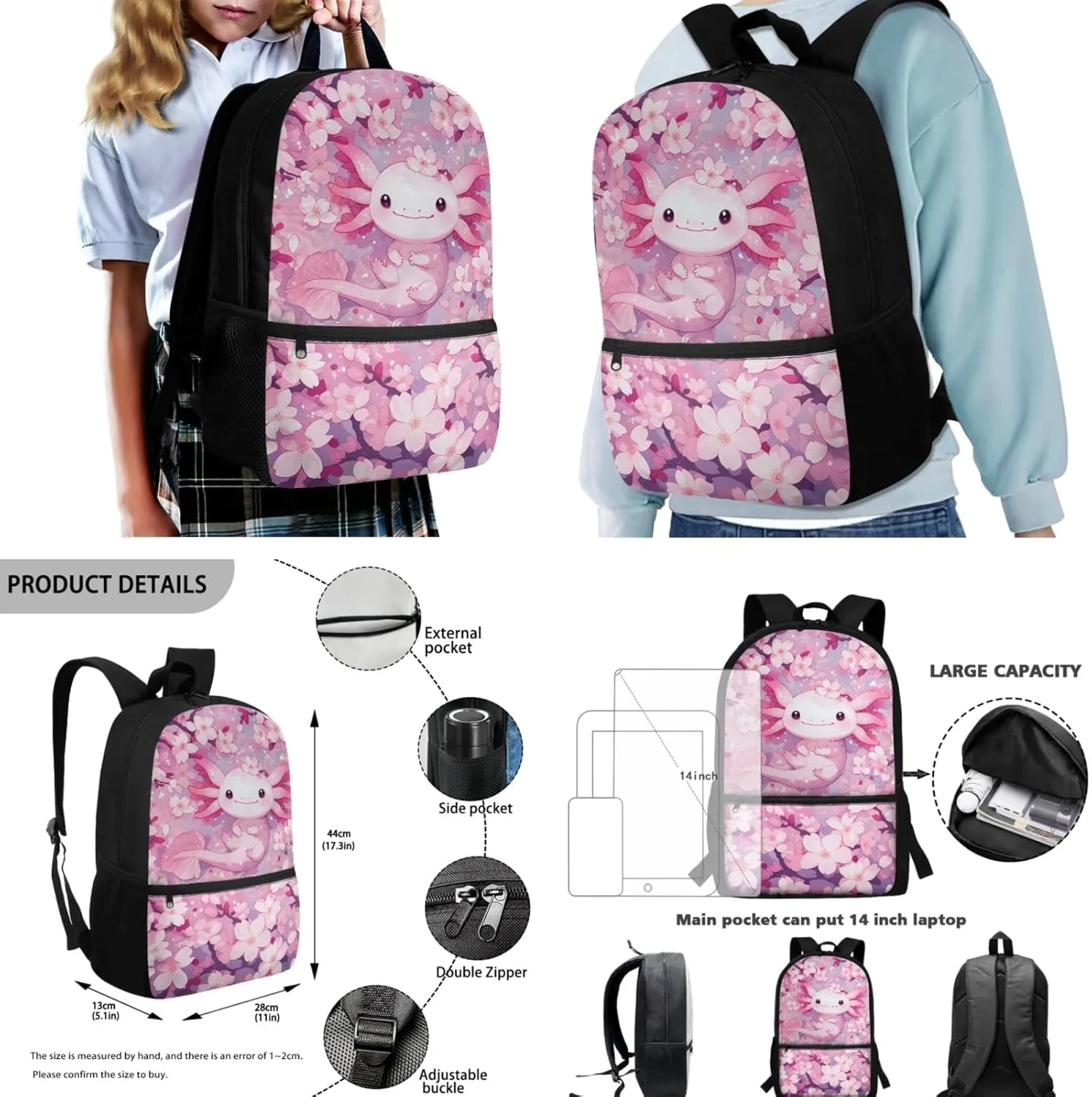 4 Pcs School Backpack for School Girls Boys 9-10 Bookbag with Insulated Lunch Box Pencil Case Water Bottle Sleeve Cherry Axolotl Travel Daypack