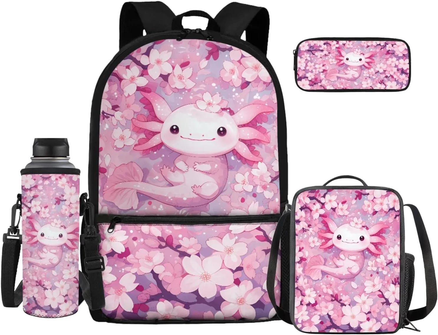 4 Pcs School Backpack for School Girls Boys 9-10 Bookbag with Insulated Lunch Box Pencil Case Water Bottle Sleeve Cherry Axolotl Travel Daypack