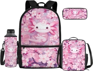 4 Pcs School Backpack for School Girls Boys 9-10 Bookbag with Insulated Lunch Box Pencil Case Water Bottle Sleeve Cherry Axolotl Travel Daypack