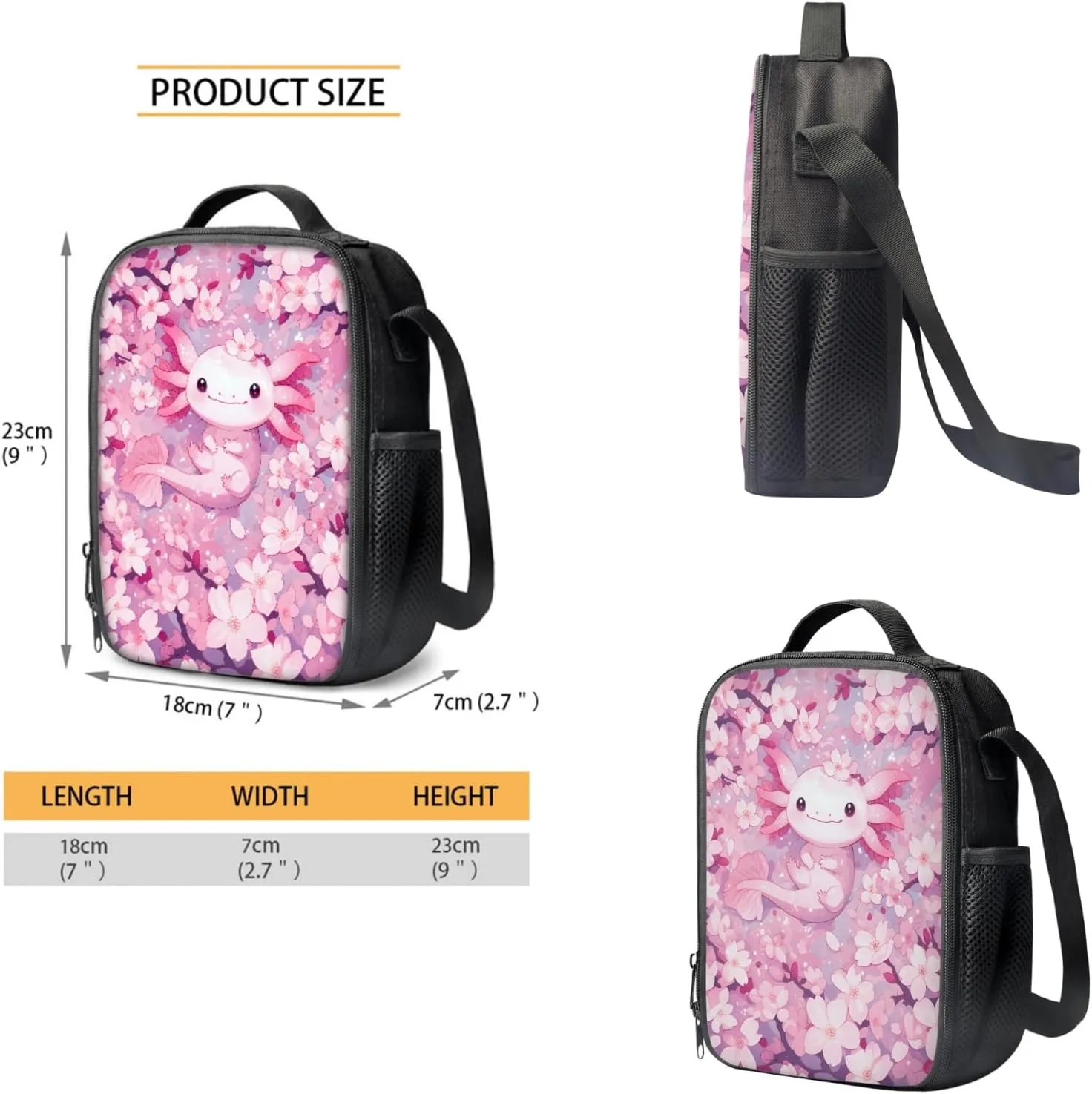 4 Pcs School Backpack for School Girls Boys 9-10 Bookbag with Insulated Lunch Box Pencil Case Water Bottle Sleeve Cherry Axolotl Travel Daypack