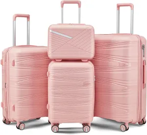 4-Piece Luggage Set, Lightweight Expandable Carry-On Set, TSA Lock, Soundproof Wheel, Aluminium Alloy Tie Rod, PP Material (09 Pink)