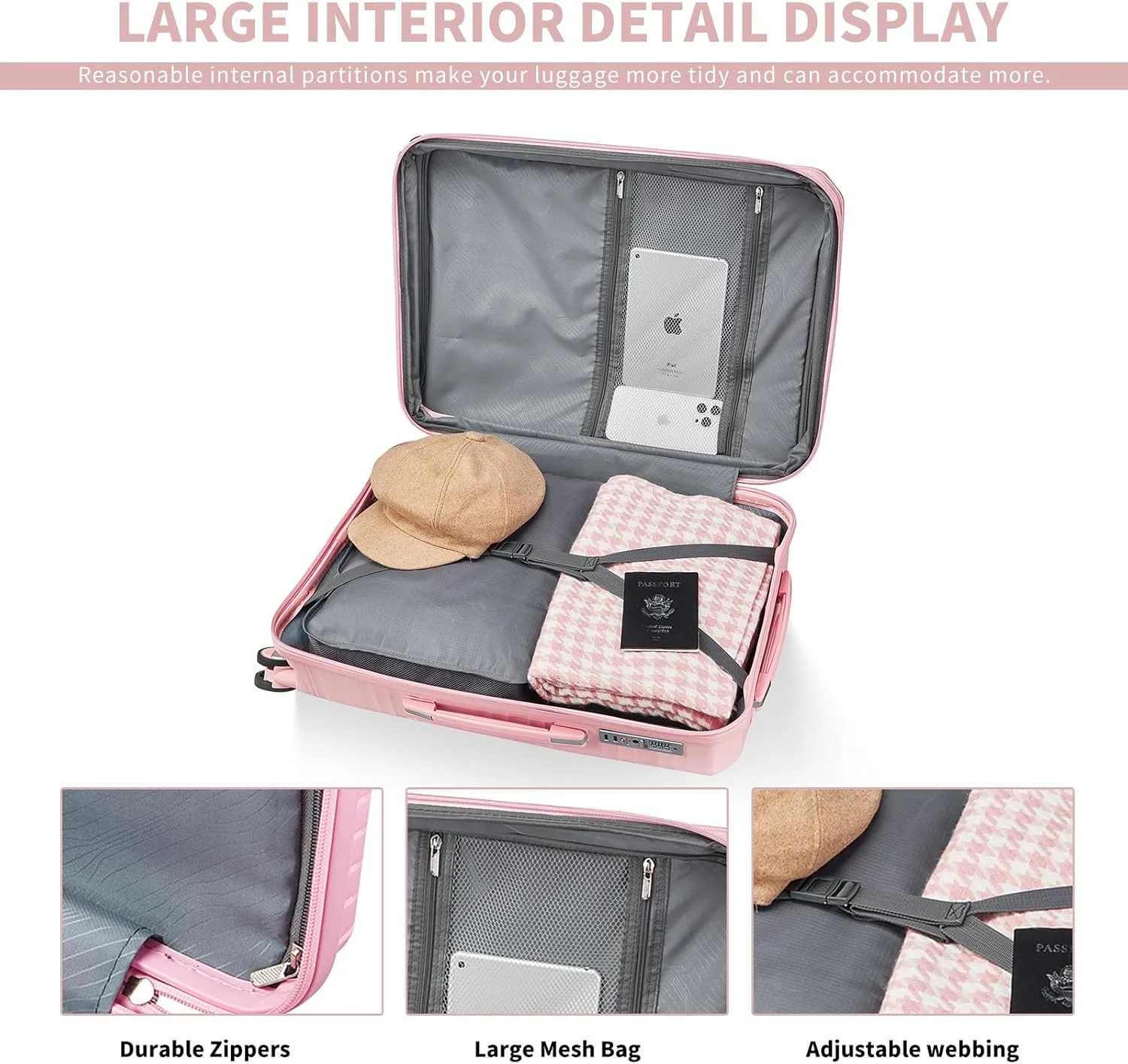 4-Piece Luggage Set, Lightweight Expandable Carry-On Set, TSA Lock, Soundproof Wheel, Aluminium Alloy Tie Rod, PP Material (09 Pink)