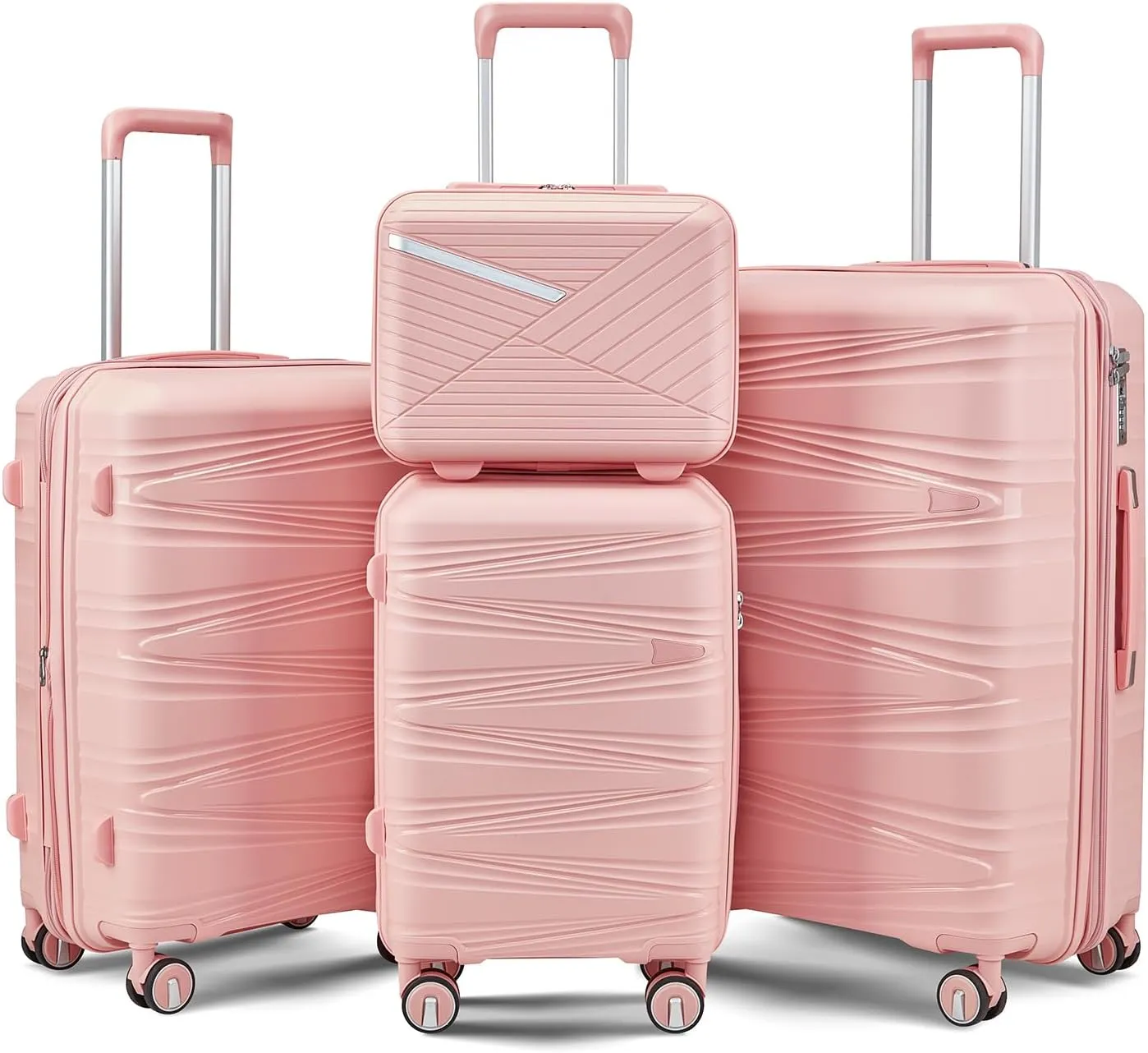 4-Piece Luggage Set, Lightweight Expandable Carry-On Set, TSA Lock, Soundproof Wheel, Aluminium Alloy Tie Rod, PP Material (09 Pink)