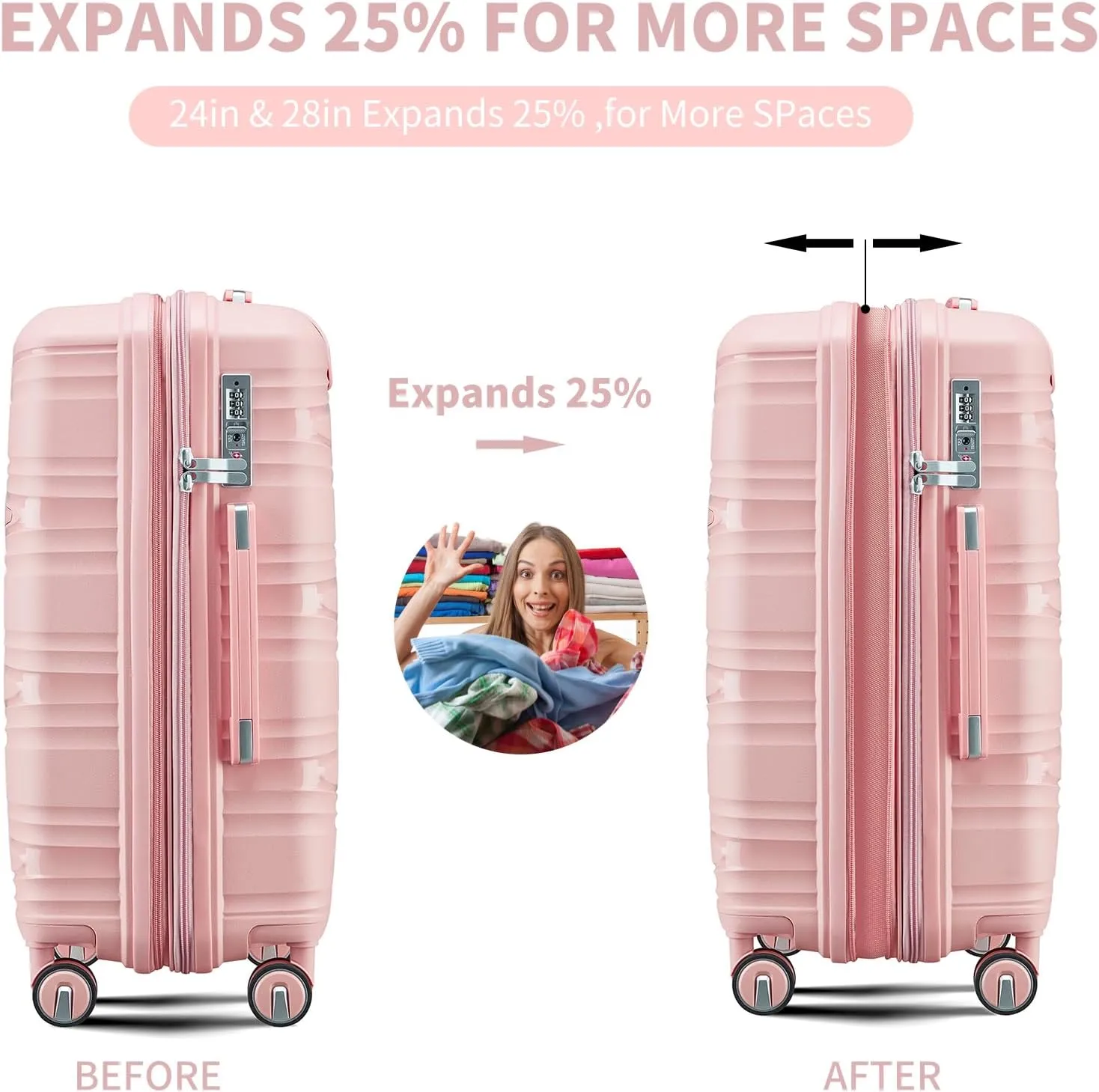 4-Piece Luggage Set, Lightweight Expandable Carry-On Set, TSA Lock, Soundproof Wheel, Aluminium Alloy Tie Rod, PP Material (09 Pink)