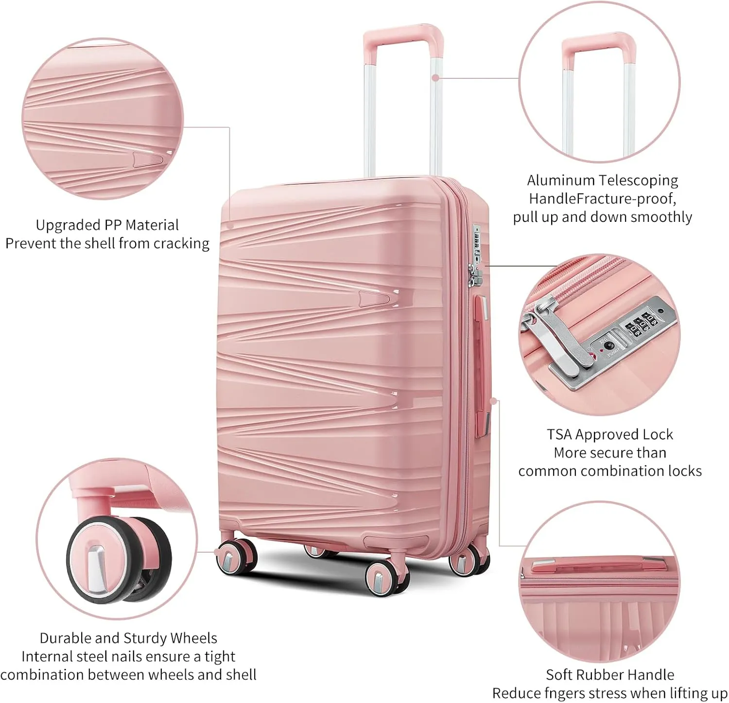 4-Piece Luggage Set, Lightweight Expandable Carry-On Set, TSA Lock, Soundproof Wheel, Aluminium Alloy Tie Rod, PP Material (09 Pink)