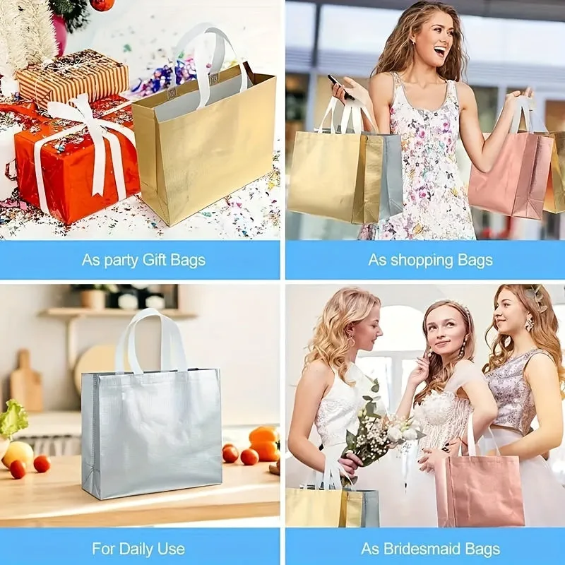 4pcs Gift Bags, Large Glitter Reusable Shopping Bag With Handle, Trendy Tote Bag For Birthday Party, Valentines, Mother's Day & Christmas