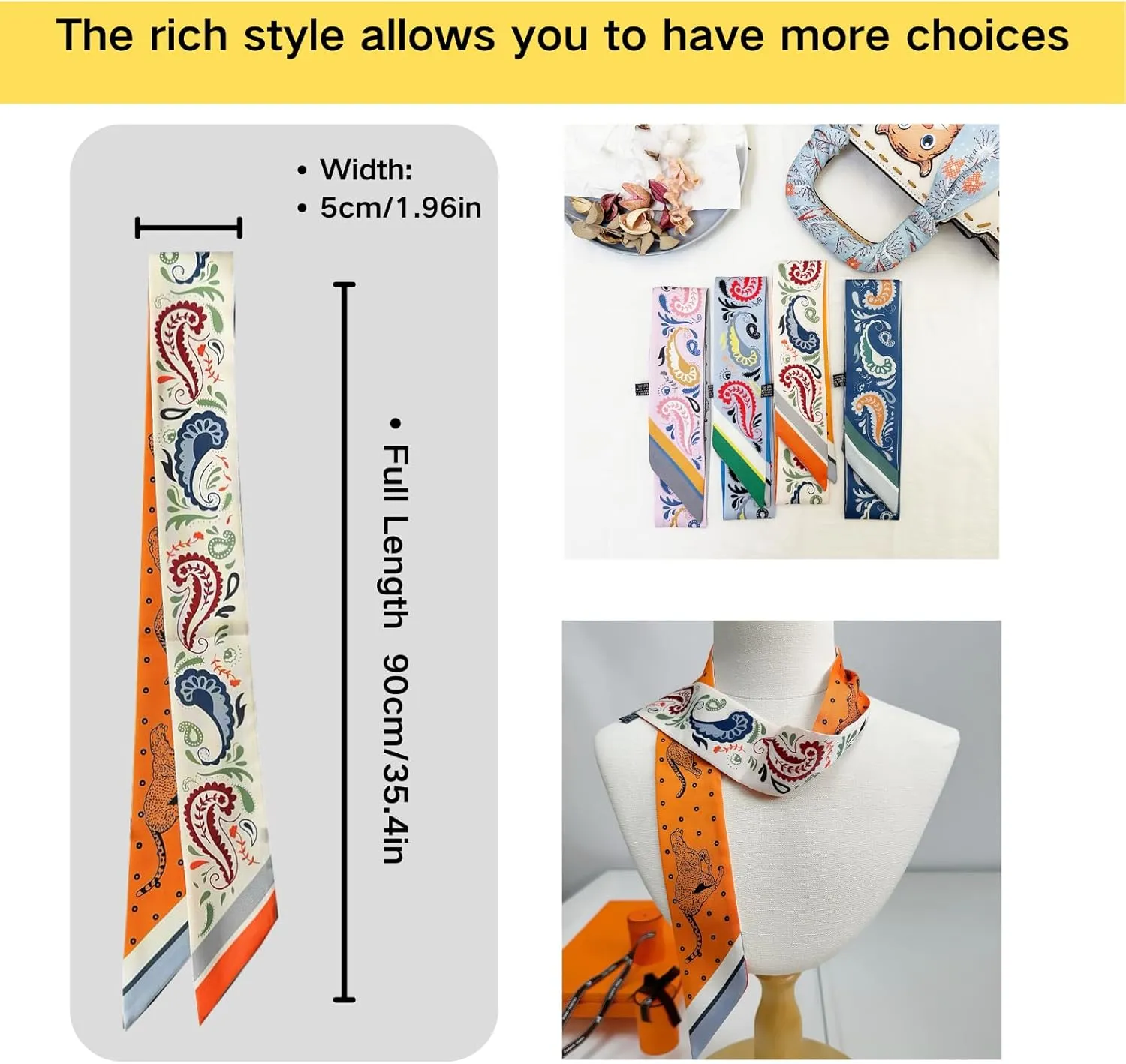 4pcs Purse Scarf For Handbags Silk Head Scarf For Hair Fashion Skinny Scarf For Women Long Neckerchief