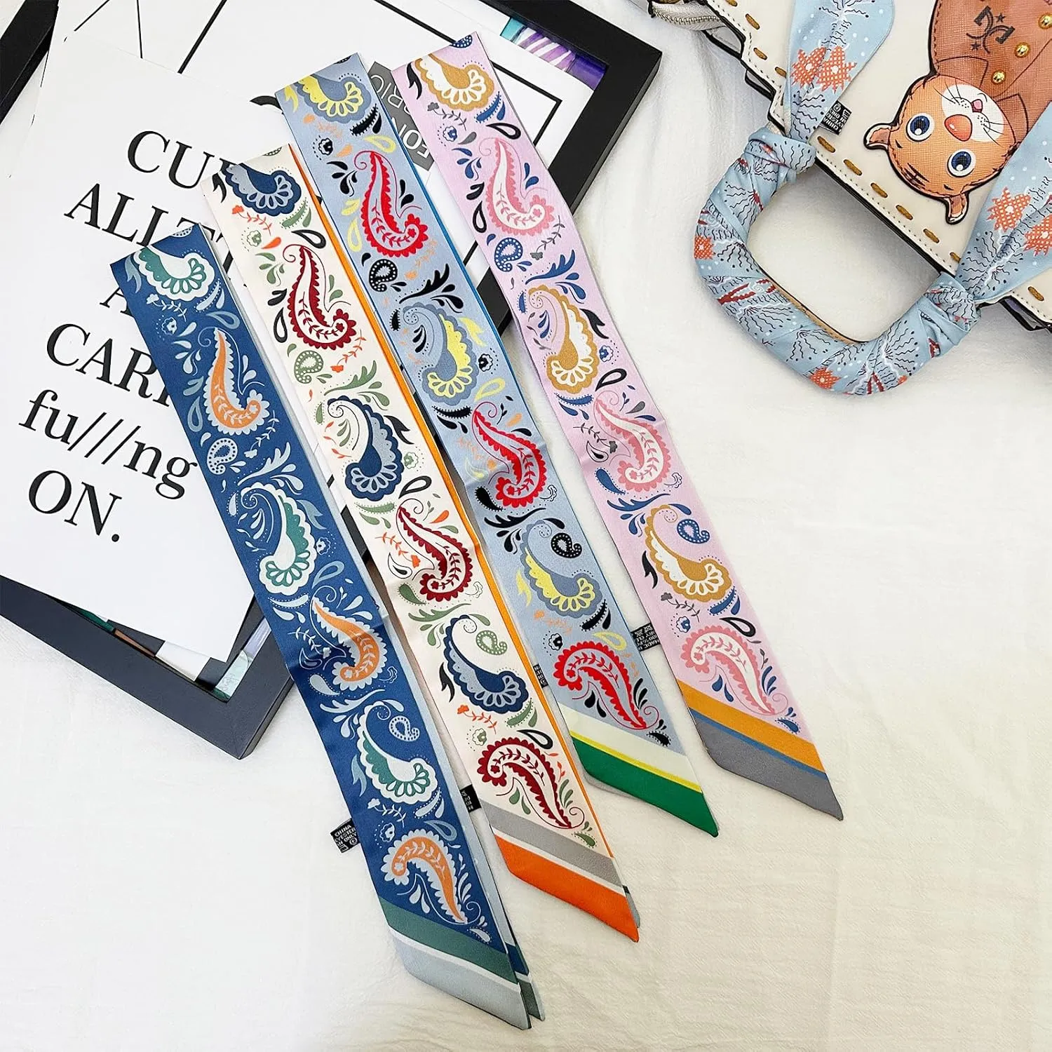 4pcs Purse Scarf For Handbags Silk Head Scarf For Hair Fashion Skinny Scarf For Women Long Neckerchief