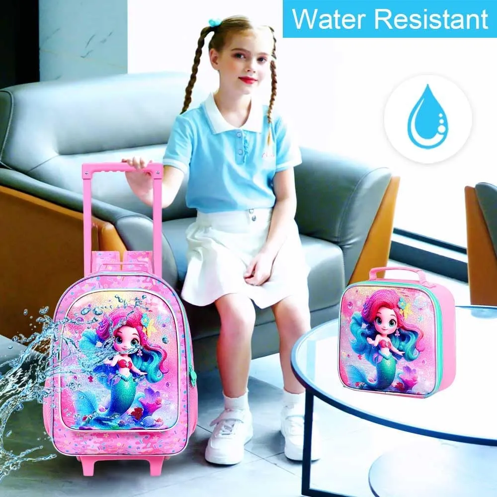 4PCS Rolling Backpack for Girls, Kids Mermaid Roller School Bookbag with Lunch Bag, Water Resistant Wheeled Backpacks for Teens Elementary Trave