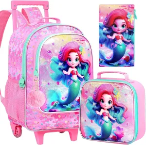 4PCS Rolling Backpack for Girls, Kids Mermaid Roller School Bookbag with Lunch Bag, Water Resistant Wheeled Backpacks for Teens Elementary Trave