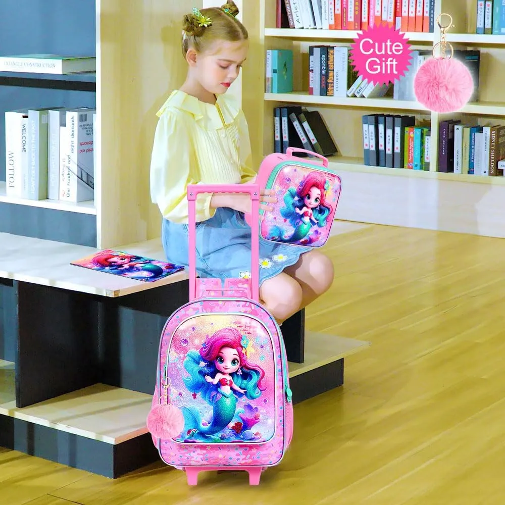 4PCS Rolling Backpack for Girls, Kids Mermaid Roller School Bookbag with Lunch Bag, Water Resistant Wheeled Backpacks for Teens Elementary Trave