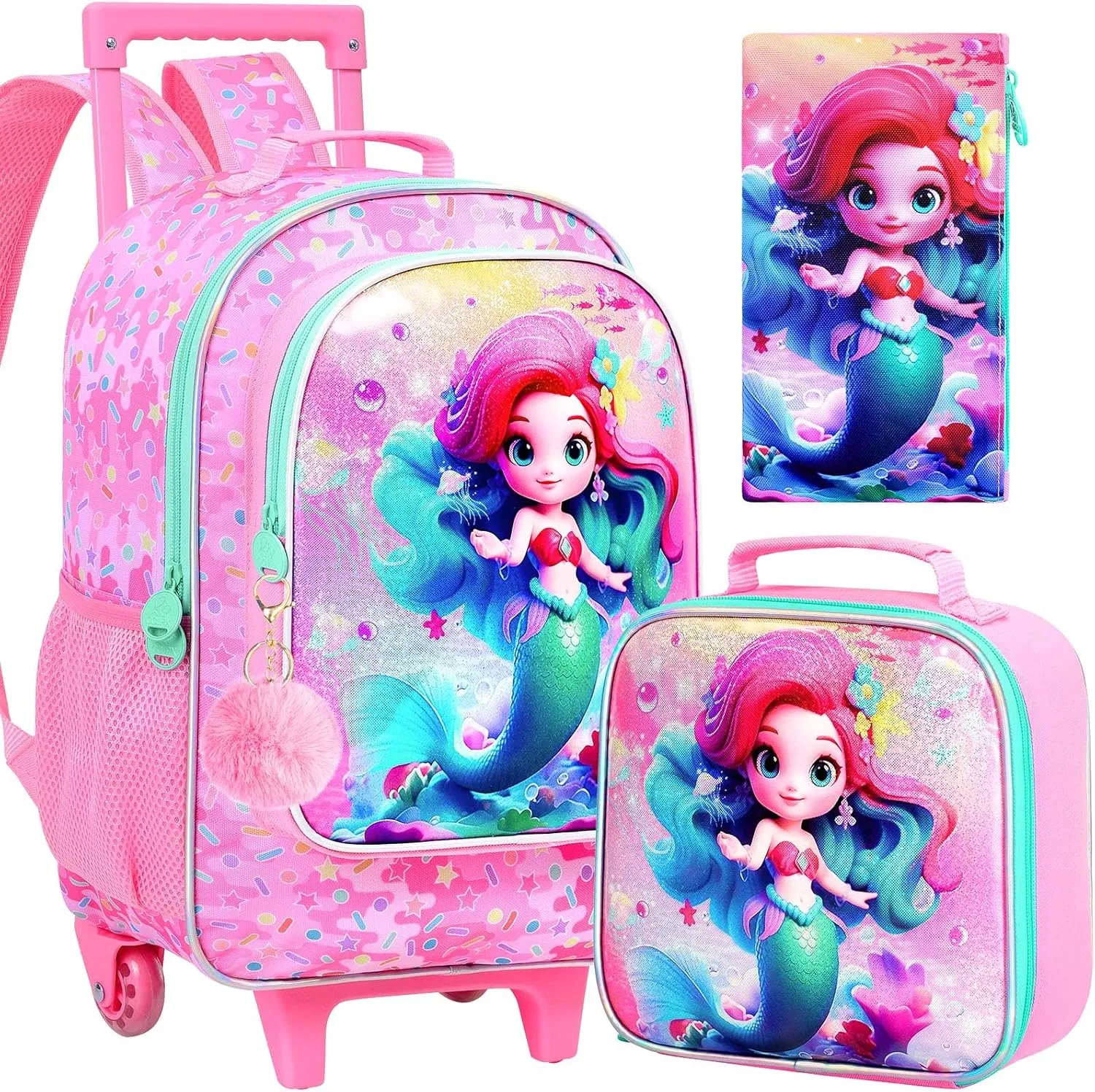 4PCS Rolling Backpack for Girls, Kids Mermaid Roller School Bookbag with Lunch Bag, Water Resistant Wheeled Backpacks for Teens Elementary Trave