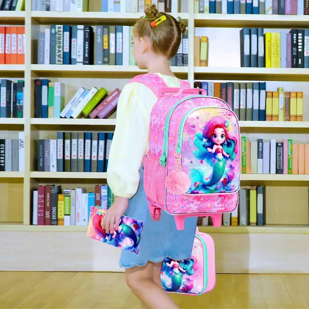 4PCS Rolling Backpack for Girls, Kids Mermaid Roller School Bookbag with Lunch Bag, Water Resistant Wheeled Backpacks for Teens Elementary Trave
