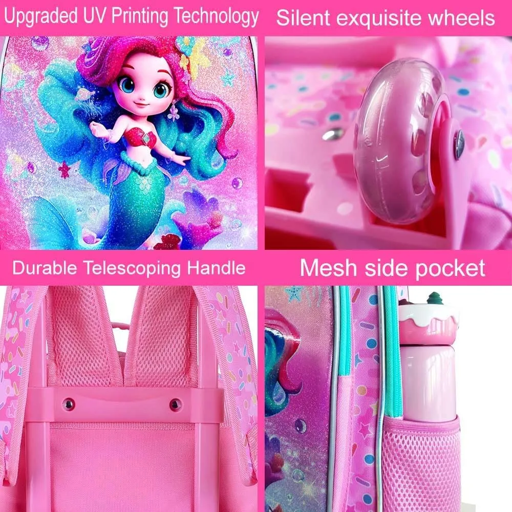4PCS Rolling Backpack for Girls, Kids Mermaid Roller School Bookbag with Lunch Bag, Water Resistant Wheeled Backpacks for Teens Elementary Trave