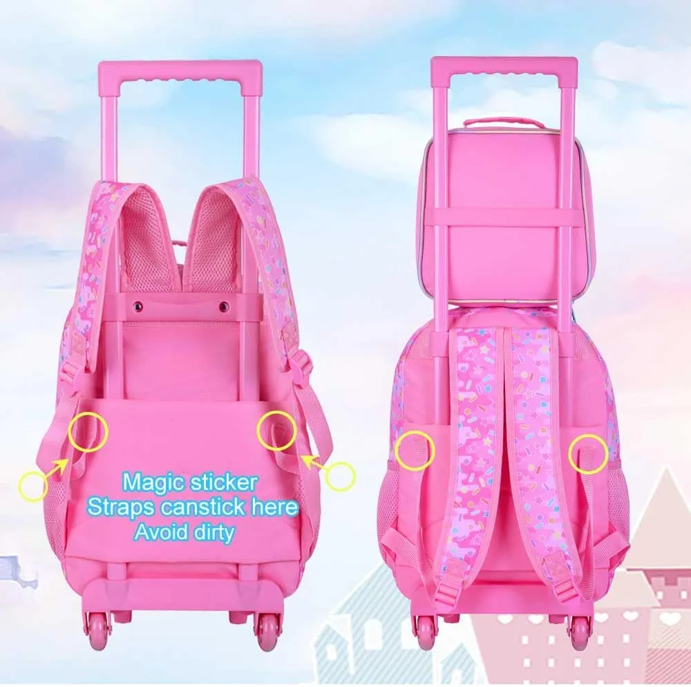 4PCS Rolling Backpack for Girls, Kids Mermaid Roller School Bookbag with Lunch Bag, Water Resistant Wheeled Backpacks for Teens Elementary Trave