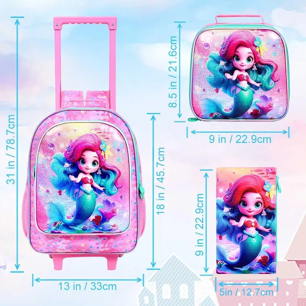 4PCS Rolling Backpack for Girls, Kids Mermaid Roller School Bookbag with Lunch Bag, Water Resistant Wheeled Backpacks for Teens Elementary Trave
