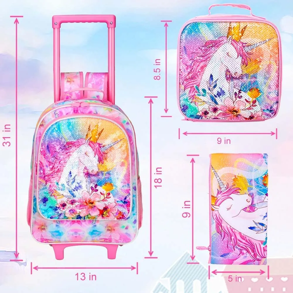 4PCS Rolling Backpack for Girls,Kids Unicorn Bookbag with Roller Wheels, Suitcase School Bag Set for Toddler Elementary