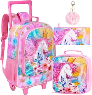 4PCS Rolling Backpack for Girls,Kids Unicorn Bookbag with Roller Wheels, Suitcase School Bag Set for Toddler Elementary