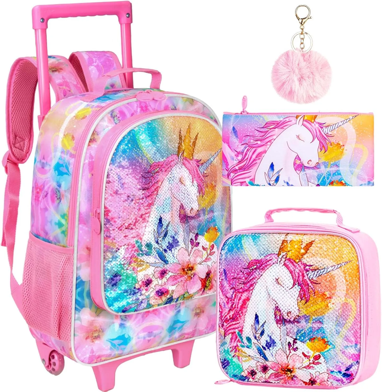 4PCS Rolling Backpack for Girls,Kids Unicorn Bookbag with Roller Wheels, Suitcase School Bag Set for Toddler Elementary