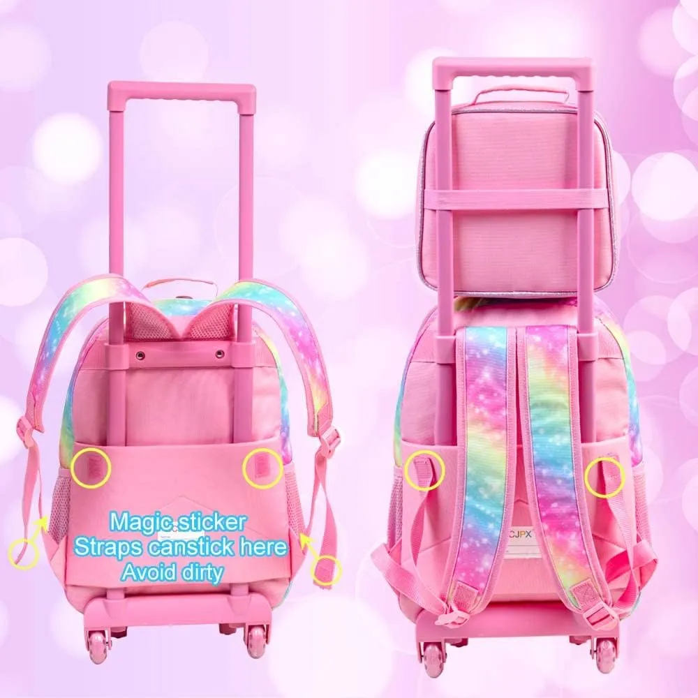 4PCS Rolling Backpack for Girls,Kids Unicorn Bookbag with Roller Wheels, Suitcase School Bag Set for Toddler Elementary