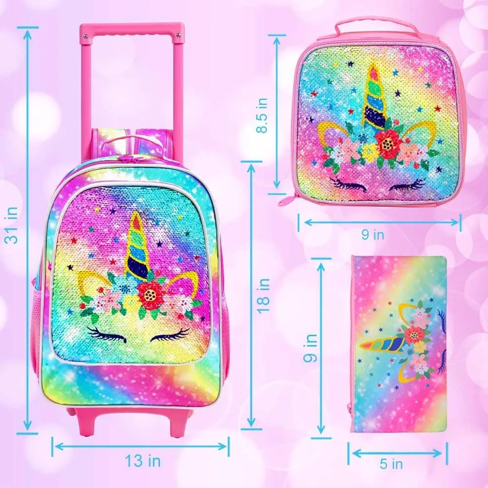 4PCS Rolling Backpack for Girls,Kids Unicorn Bookbag with Roller Wheels, Suitcase School Bag Set for Toddler Elementary