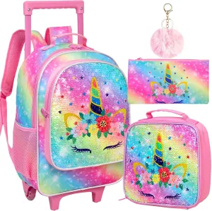 4PCS Rolling Backpack for Girls,Kids Unicorn Bookbag with Roller Wheels, Suitcase School Bag Set for Toddler Elementary