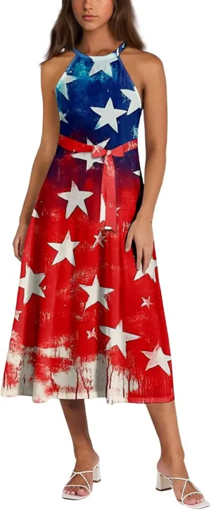 4Th of July Dresses for Women 2025 Halter Neck Lace Up High Waist Aline Midi Sundress with Belt,S-2XL