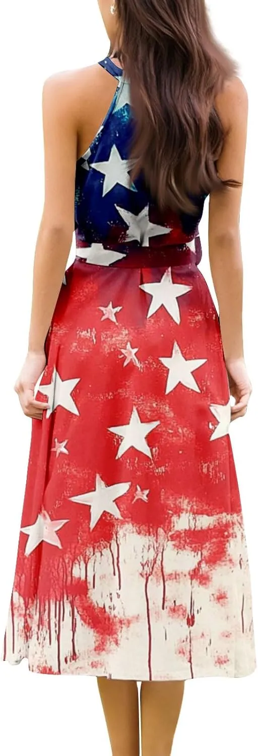 4Th of July Dresses for Women 2025 Halter Neck Lace Up High Waist Aline Midi Sundress with Belt,S-2XL