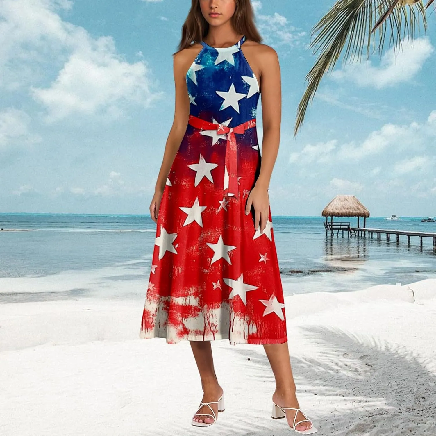 4Th of July Dresses for Women 2025 Halter Neck Lace Up High Waist Aline Midi Sundress with Belt,S-2XL