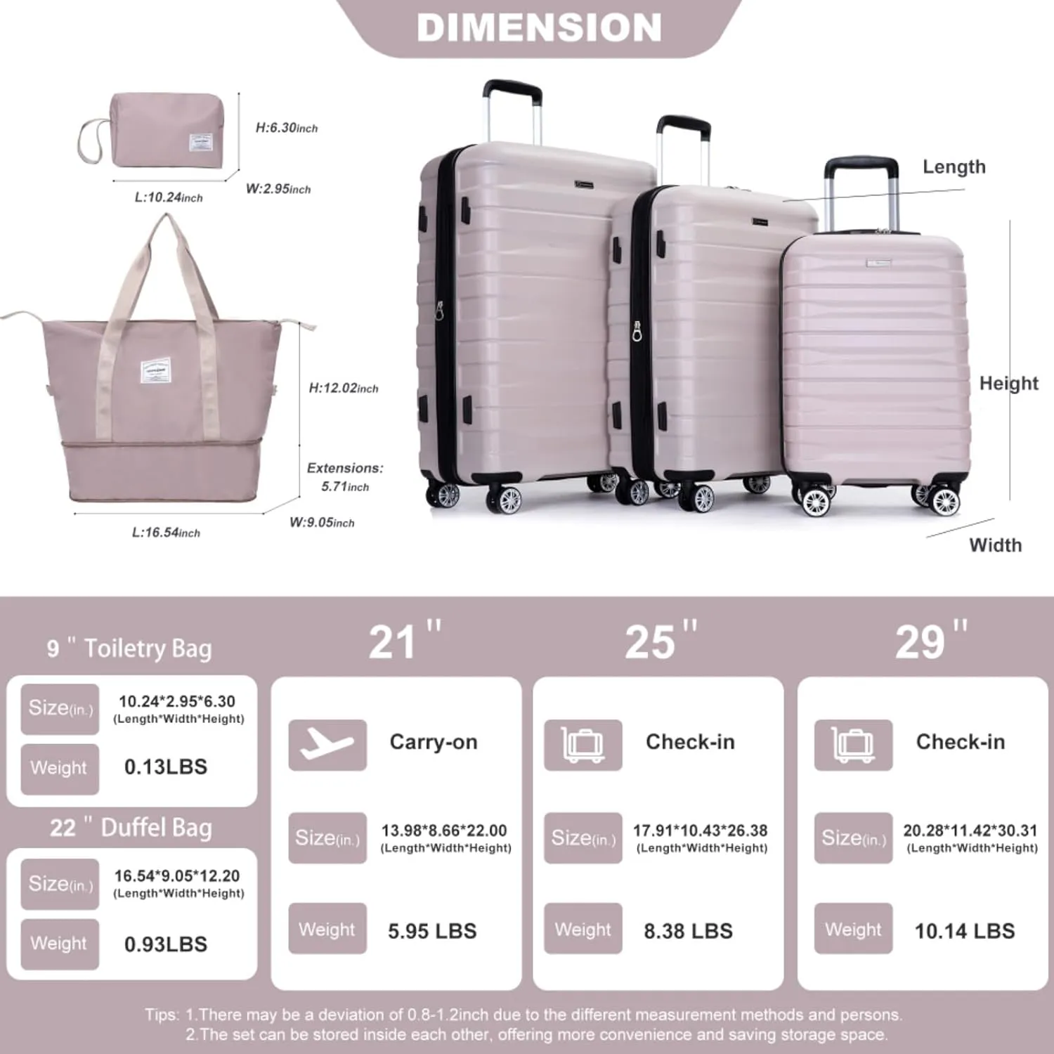 5-Piece Expandable PC Luggage Set - Lightweight Hardshell Suitcases with Lock & 360° Spinner Wheels - Carry-On   Checked Bags for Men & Women (Sand   PC)