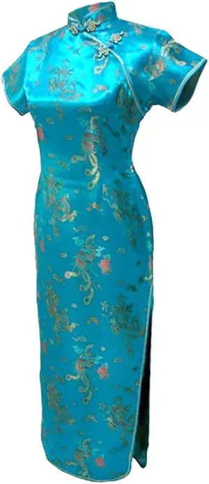 7Fairy Women's VTG Turquoise Dragon Long Chinese Dress Cheongsam Size