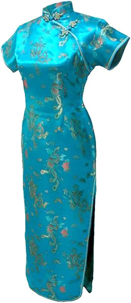 7Fairy Women's VTG Turquoise Dragon Long Chinese Dress Cheongsam Size