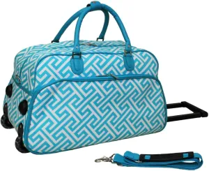 8112022-185-LT-W 21 in. Carry on Rolling Duffle Bag - Greek Key H Blue White