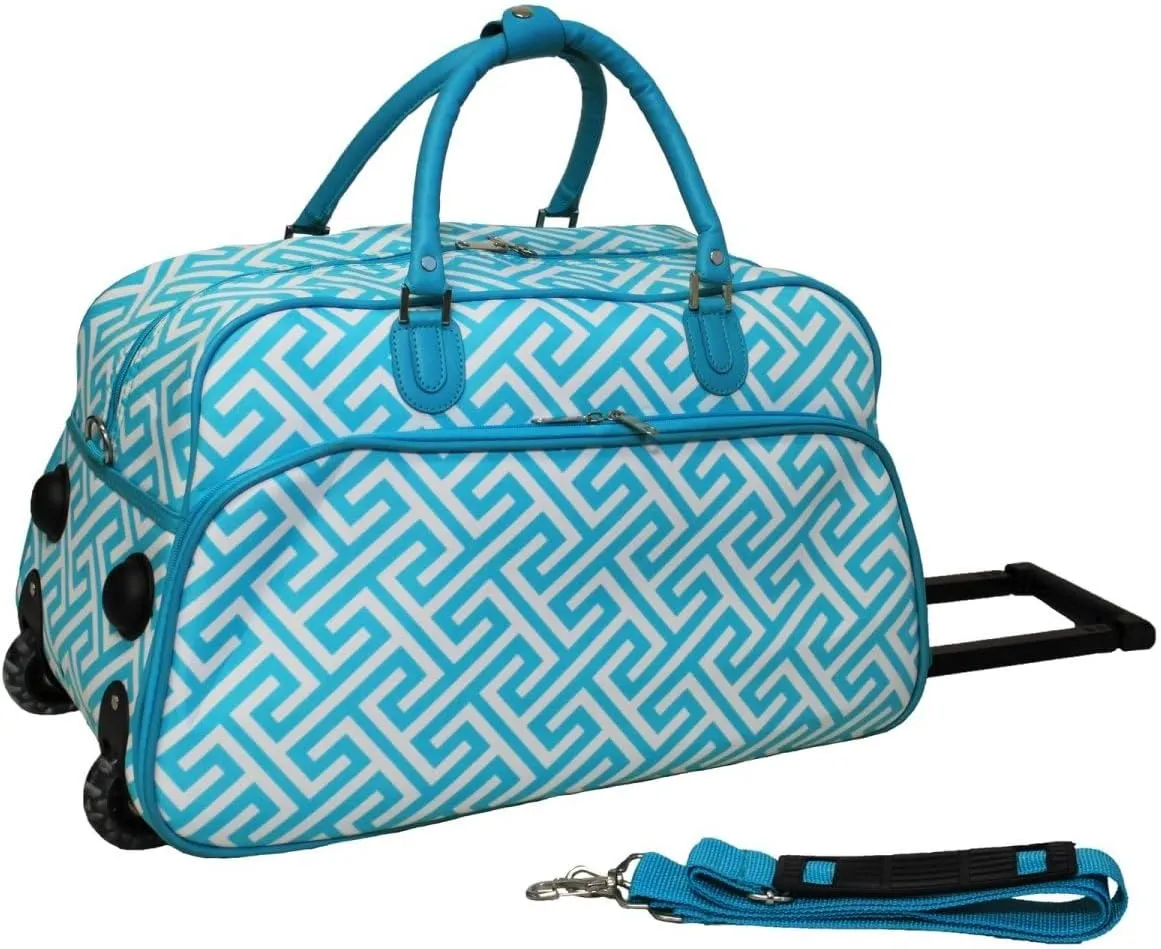 8112022-185-LT-W 21 in. Carry on Rolling Duffle Bag - Greek Key H Blue White