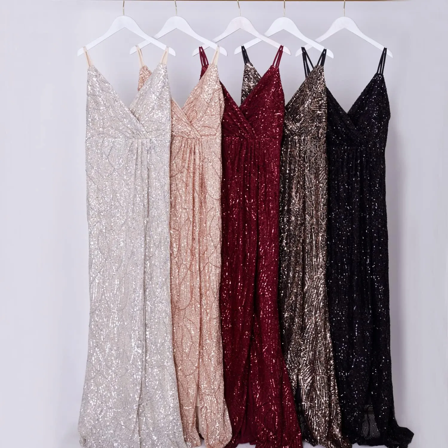 A ARFAR Women Sequin Party Dress V-Neck Sphagetti Strap Dress Sexy High Slit Dress Formal Evening Gowns