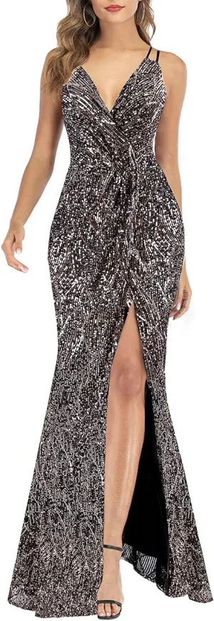 A ARFAR Women Sequin Party Dress V-Neck Sphagetti Strap Dress Sexy High Slit Dress Formal Evening Gowns