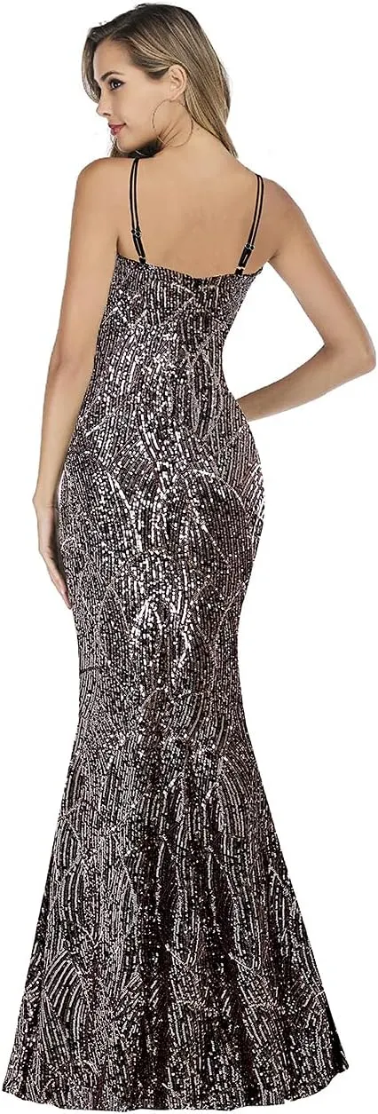 A ARFAR Women Sequin Party Dress V-Neck Sphagetti Strap Dress Sexy High Slit Dress Formal Evening Gowns
