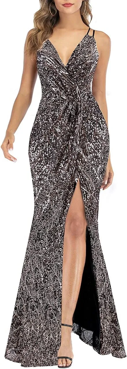 A ARFAR Women Sequin Party Dress V-Neck Sphagetti Strap Dress Sexy High Slit Dress Formal Evening Gowns