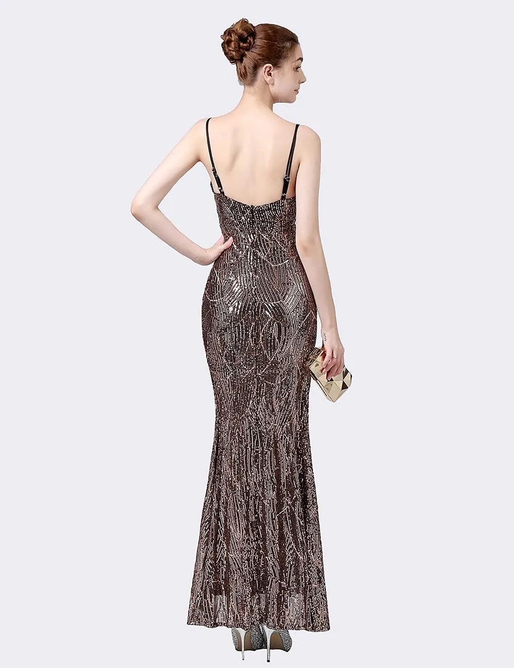 A ARFAR Women Sequin Party Dress V-Neck Sphagetti Strap Dress Sexy High Slit Dress Formal Evening Gowns