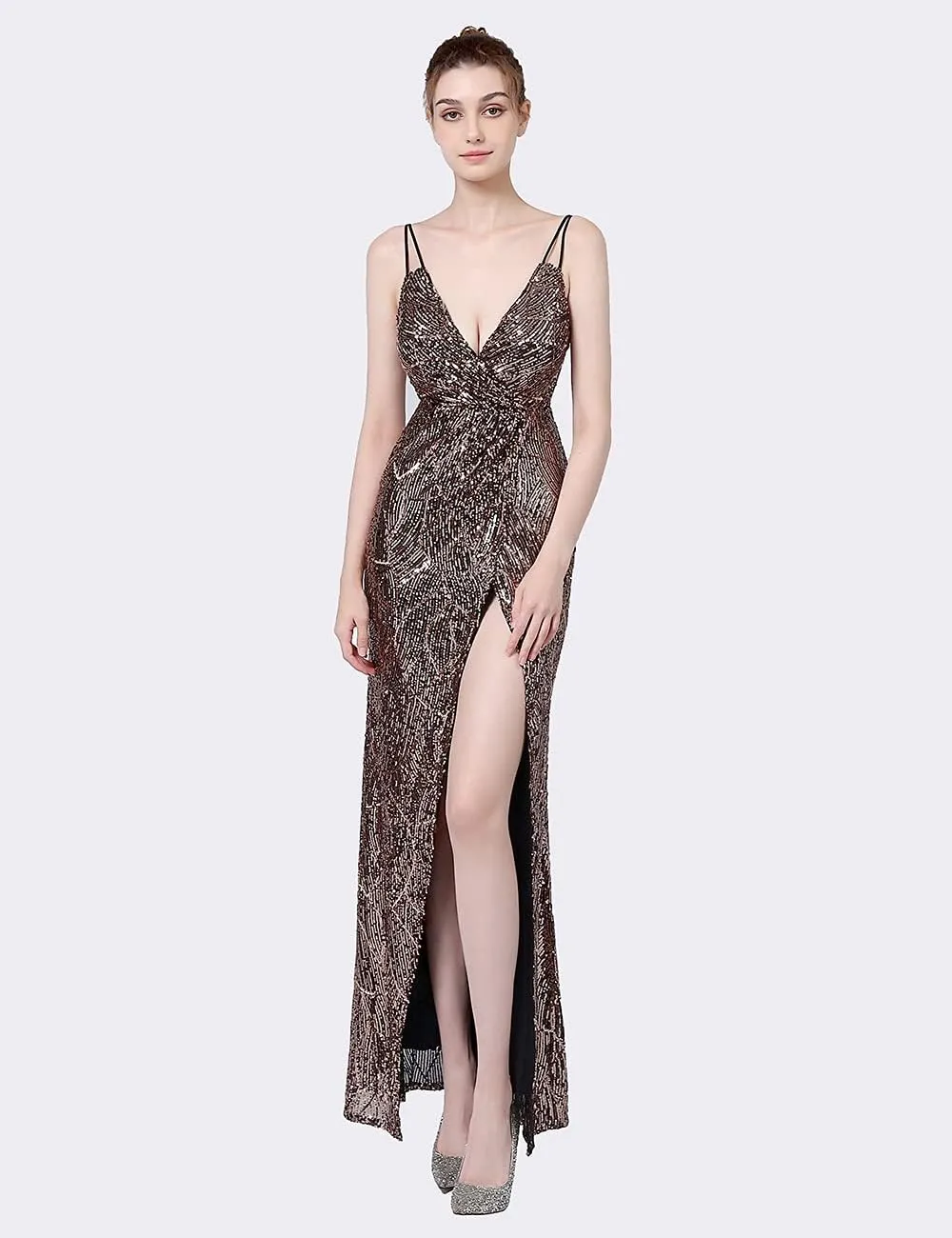 A ARFAR Women Sequin Party Dress V-Neck Sphagetti Strap Dress Sexy High Slit Dress Formal Evening Gowns