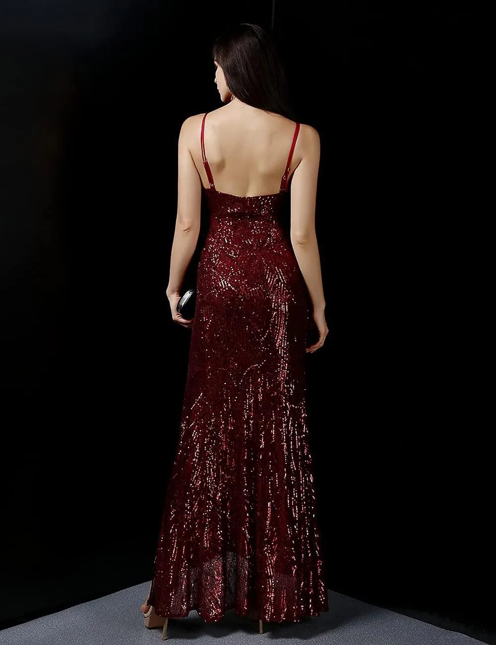 A ARFAR Women Sequin Party Dress V-Neck Sphagetti Strap Dress Sexy High Slit Dress Formal Evening Gowns
